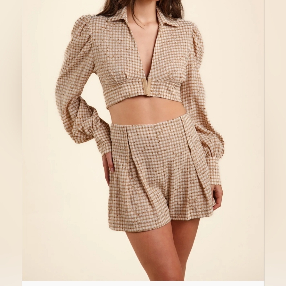 Galita Stylish Tan Plaid Women's Set Shorts and Long Sleeve Shirt